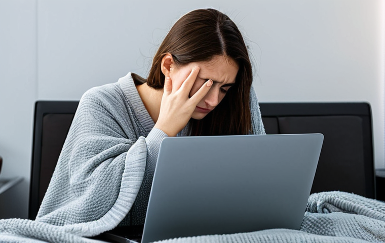 A professional, focused person, fully clothed in modest, appropriate attire, sits at a desk in a home office. Their modern laptop is clearly overheating, with visible heat subtly shimmering from the vents and an unresponsive screen. Dust is visible around the laptop's vents, which are partially blocked by a soft blanket it rests upon. The person's expression shows mild frustration or concern. The scene is well-lit, emphasizing the heat and the laptop's struggle. safe for work, appropriate content, fully clothed, professional image, perfect anatomy, correct proportions, natural pose, well-formed hands, proper finger count, natural body proportions, high quality, detailed, realistic.
