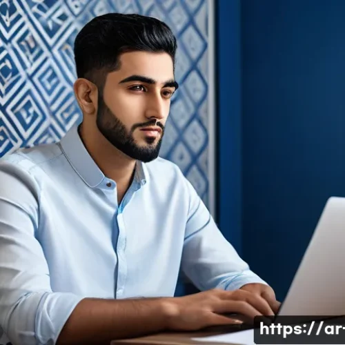 컴퓨터 블루스크린 발생 원인과 해결 방법 - A detailed, realistic scene inside a modern Middle Eastern home office featuring a young Arab man in...