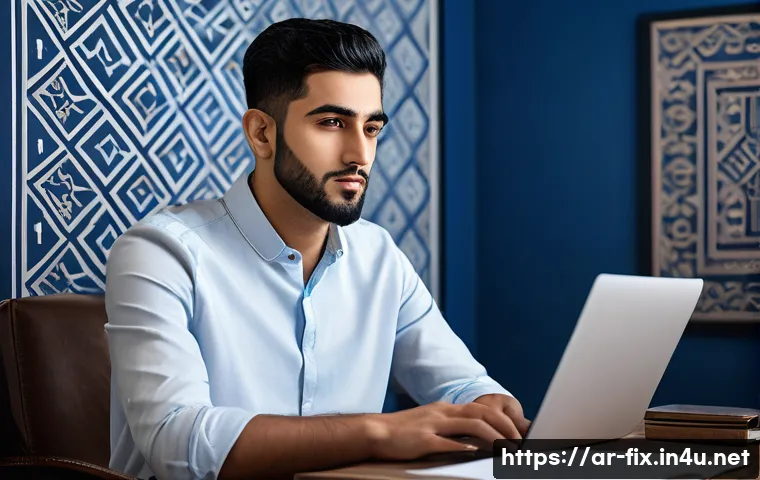 컴퓨터 블루스크린 발생 원인과 해결 방법 - A detailed, realistic scene inside a modern Middle Eastern home office featuring a young Arab man in...