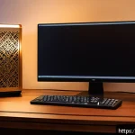 데스크탑이 자꾸 재부팅되는 원인과 해결법 - A detailed close-up scene of a modern computer setup in a typical Arab home office, featuring a high...