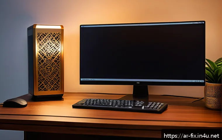 데스크탑이 자꾸 재부팅되는 원인과 해결법 - A detailed close-up scene of a modern computer setup in a typical Arab home office, featuring a high...