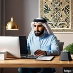 컴퓨터가 느려졌을 때 속도 향상 팁 - A detailed digital illustration showing a modern Arabic home office setup with a mid-aged man organi...