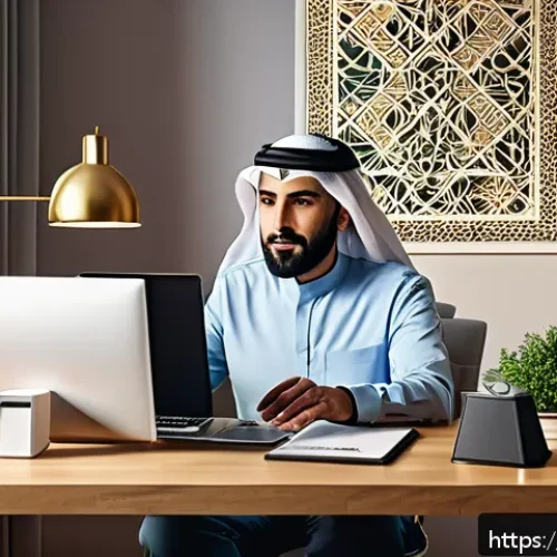 컴퓨터가 느려졌을 때 속도 향상 팁 - A detailed digital illustration showing a modern Arabic home office setup with a mid-aged man organi...