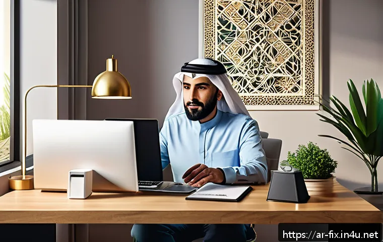 컴퓨터가 느려졌을 때 속도 향상 팁 - A detailed digital illustration showing a modern Arabic home office setup with a mid-aged man organi...