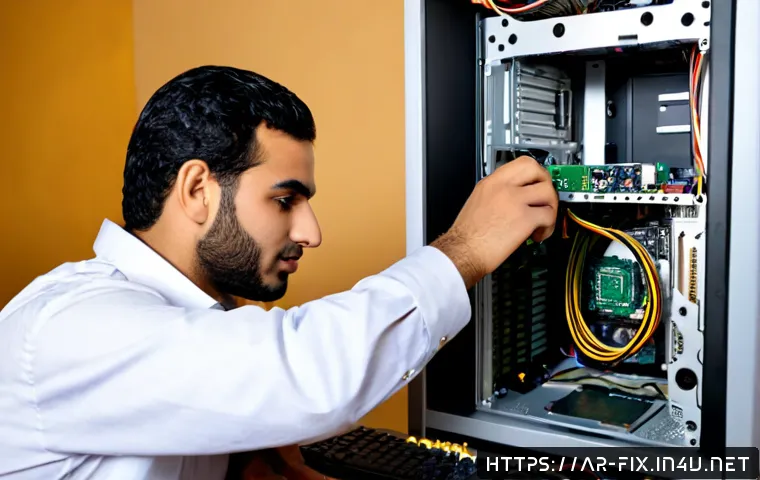그래픽카드 설치 후 화면이 나오지 않을 때 - Photorealistic home computer repair scene, Arab male technician in modest casual clothing carefully ...