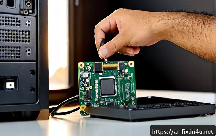 컴퓨터 하드디스크가 소음을 낼 때 대처법 - Photorealistic close-up of an open desktop computer tower on a clean home-office desk, a carefully d...